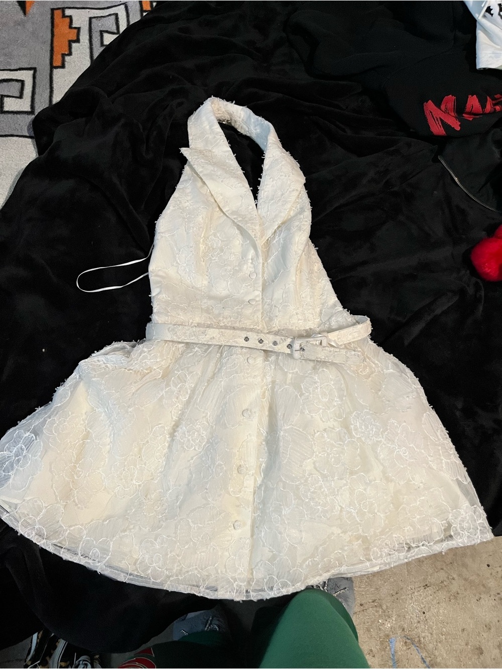 Dress the Population White Lace Halter Fit-and-Flare Dress with Belt